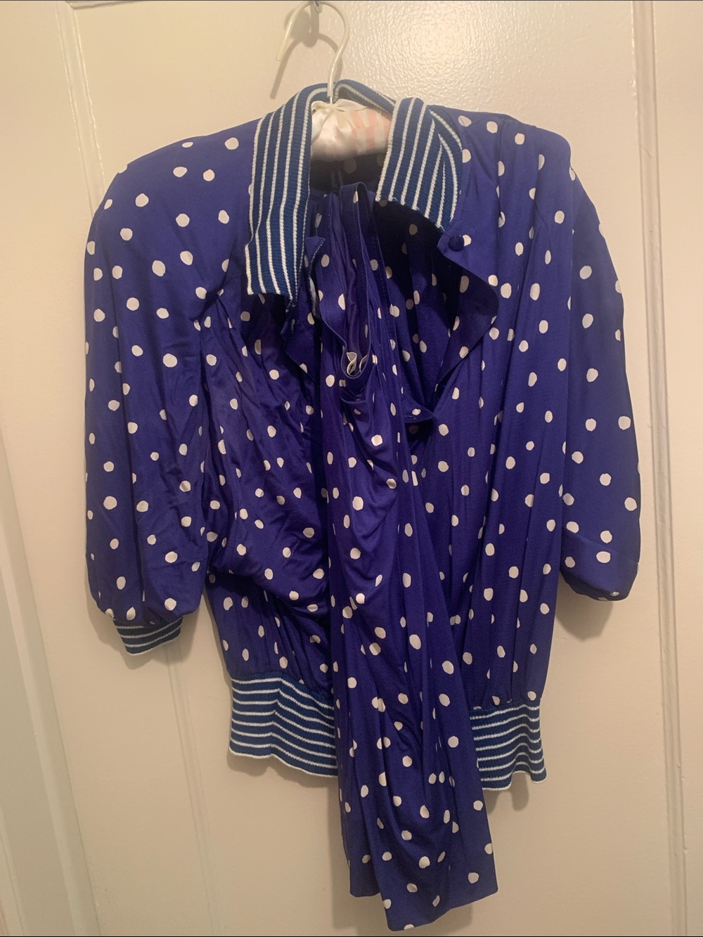 True Vintage Joy Cherry Blue and White Matching Polka Dot Blouse/Skirt 1970’s